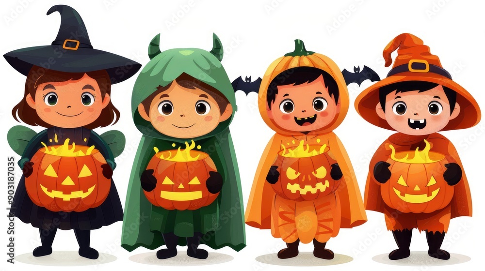 Fototapeta premium Cute Children in Halloween Costumes with Jack-o'-Lanterns