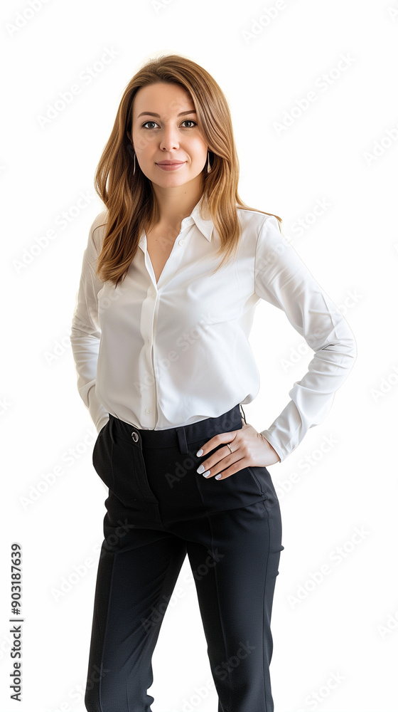 Femme mature manager ou employée debout sur fond blanc, en chemise et costume, personnage pour publicité, incrustation ou service professionnelle, travailleur de bureau Femme mature manager ou employée debout sur fond blanc, en chemise et costume, personnage pour publicité, incrustation ou service professionnelle, travailleur de bureau