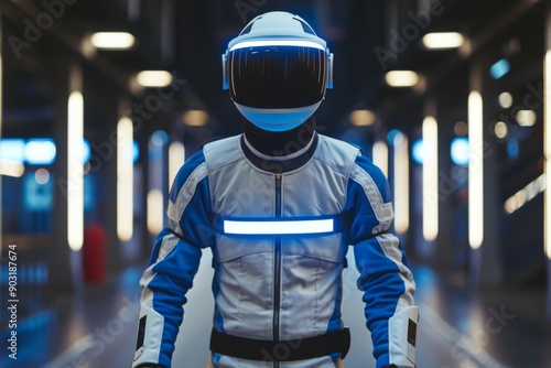 Wallpaper Mural Futuristic Explorer in VR Suit with Blue Lights in Urban Corridor Highlighting Virtual Reality Exploration and Advanced Technology Torontodigital.ca