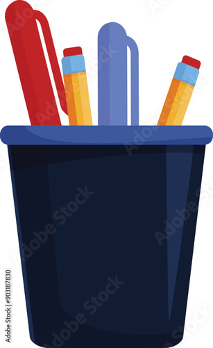 Blue pencil holder containing pens and pencils, perfect for keeping a desk tidy and organized