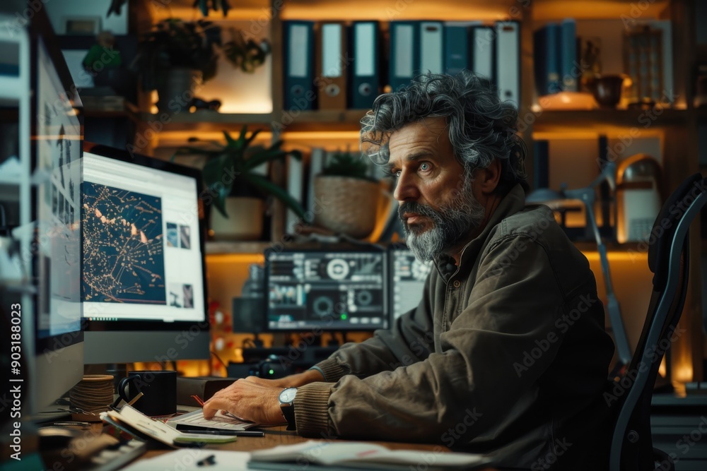 A data analyst is deeply engaged in work at a computer station filled with multiple monitors and charts, reflecting in-depth analytical efforts and a fully equipped modern workspace. A data analyst is deeply engaged in work at a computer station filled with multiple monitors and charts, reflecting in-depth analytical efforts and a fully equipped modern workspace.