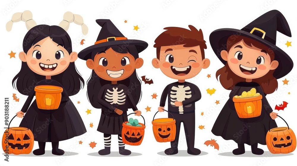 Happy Halloween Trick or Treaters in Costumes Happy Halloween Trick or Treaters in Costumes