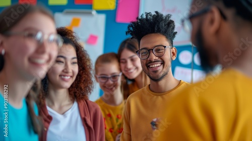 A smiling and motivated group of students stands near the teacher. Young people in high school, college or university, among their classmates, are happy to learn new knowledge. The education system © Daria Lukoiko