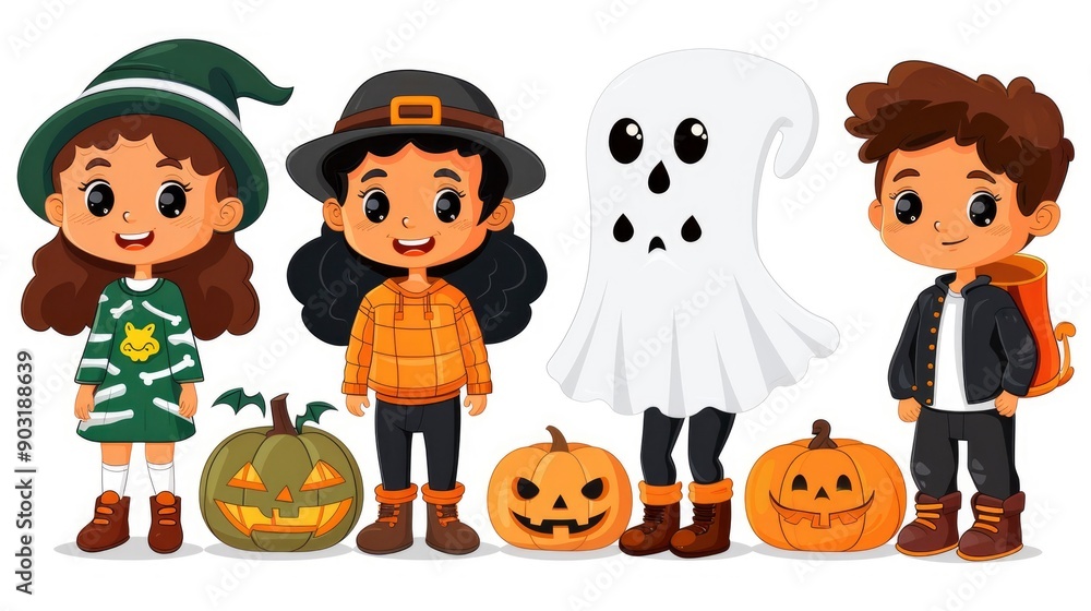 Cute Kids in Halloween Costumes with Pumpkins Cute Kids in Halloween Costumes with Pumpkins