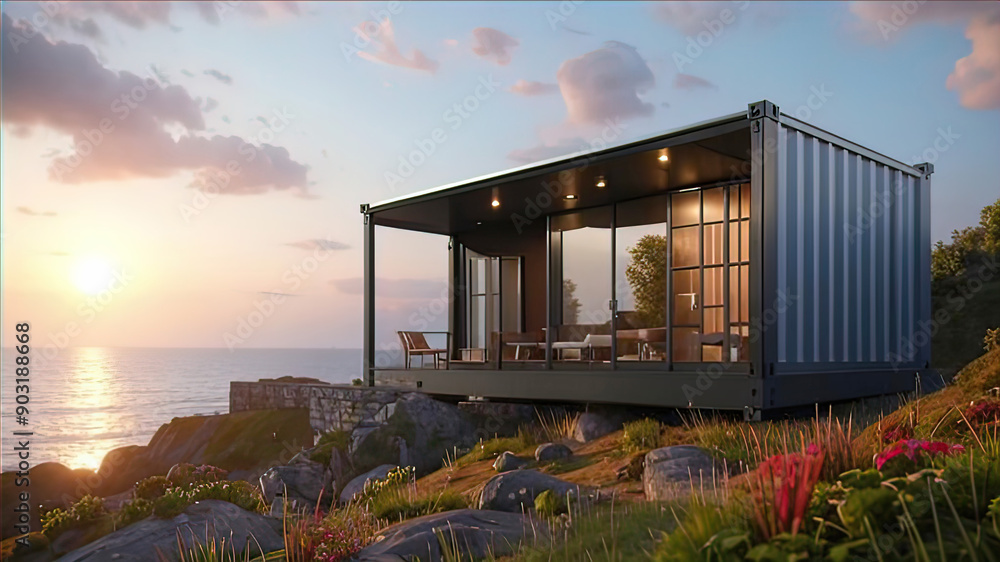 house from a shipping container on a cliff on the ocean, holiday home by the sea, house from a shipping container on a cliff on the ocean, holiday home by the sea,