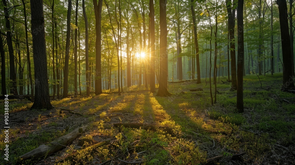 Fototapeta premium Enchanting woods at sunrise with golden light filtering through trees