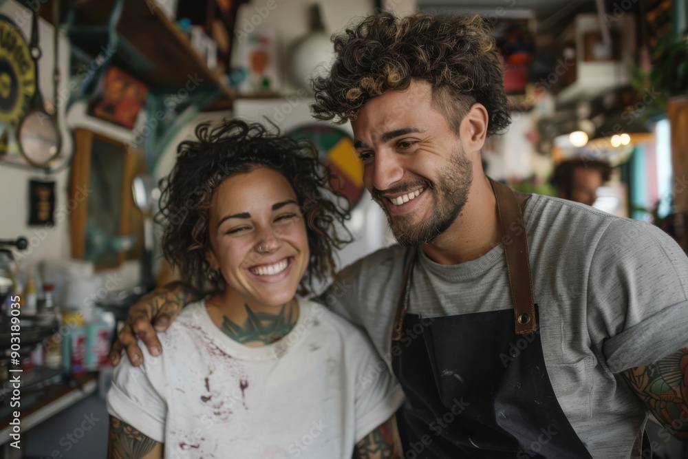 Fototapeta premium A smiling couple with tattoos standing in an eclectic kitchen. They look happy and closely bonded, suggesting a creative environment and a modern lifestyle.