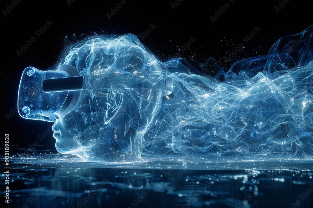 Fototapeta premium VR Headset with Abstract Smoke and Neon Blue Highlights Emphasizing Virtual Reality Trends and Technological Innovation