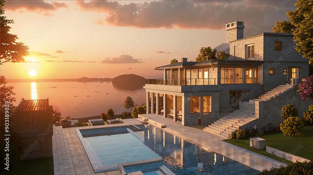 Fototapeta premium luxury villa during sunset on the ocean, seaside holiday, luxurious holiday villa,