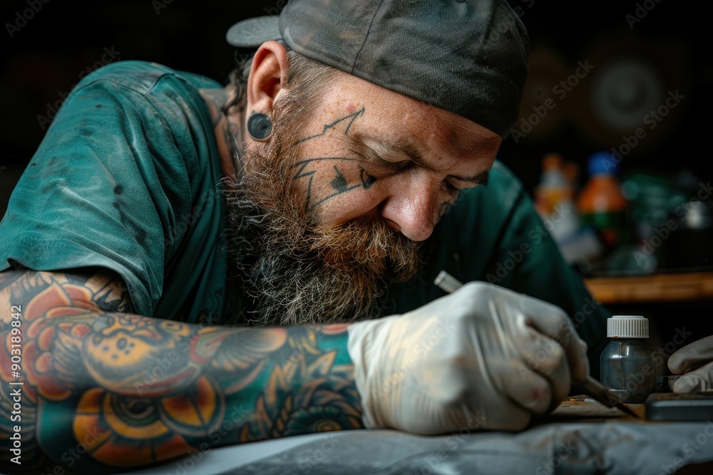 A tattoo artist in a green shirt focuses intently on his work, using various tattoo tools and inks in a detailed workspace, showcasing his professional and creative dedication. A tattoo artist in a green shirt focuses intently on his work, using various tattoo tools and inks in a detailed workspace, showcasing his professional and creative dedication.