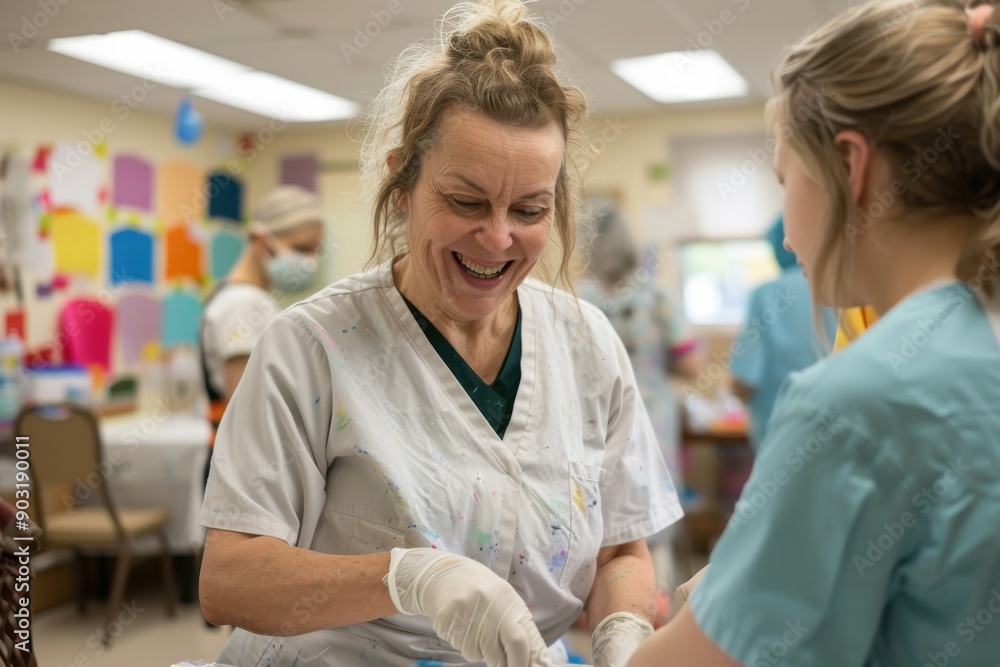 A nurse with a broad smile is assisting a patient in a bustling hospital room, surrounded by other healthcare workers and colorful decorations. There's an atmosphere of care. A nurse with a broad smile is assisting a patient in a bustling hospital room, surrounded by other healthcare workers and colorful decorations. There's an atmosphere of care.