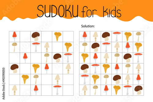 Mushroom sudoku educational game or leisure activity worksheet illustration, printable grid to fill in missing images, autumn Thanksgiving topical vocabulary, puzzle with solution, teacher resources