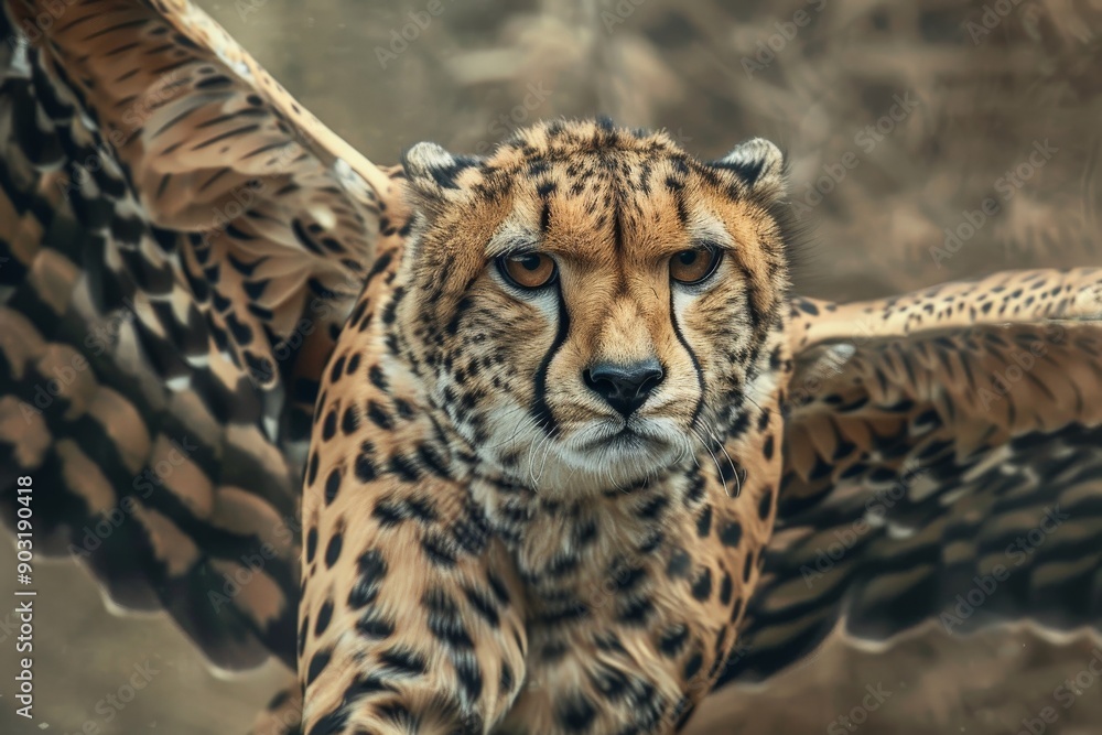 Obraz premium An intense stare from a cheetah with majestic wings spread wide, embodying power and presence, set against a slightly blurred background, symbolizing vigilance and majesty.