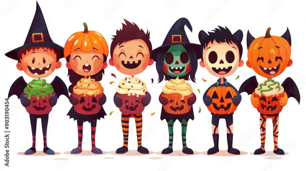 Cute Halloween Kids in Costumes Holding Pumpkins and Cupcakes Cute Halloween Kids in Costumes Holding Pumpkins and Cupcakes