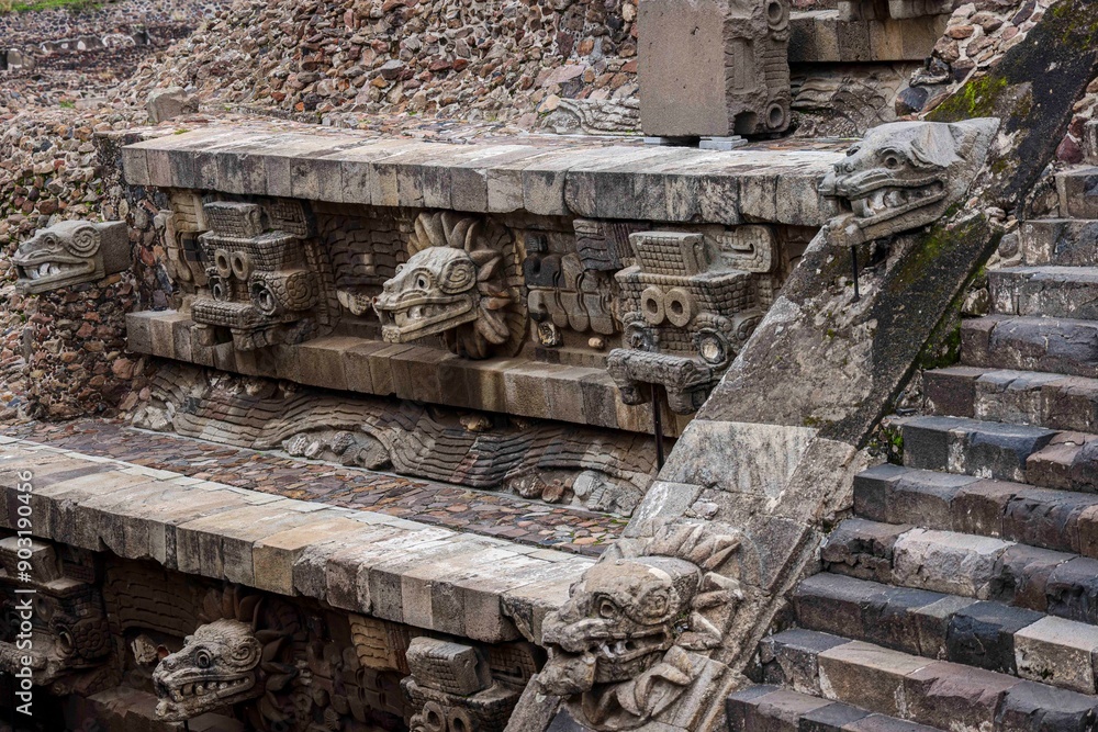 Pyramid of the Feathered Serpent or Quetzalcoatl in the archaeological zone of Teotihuacan, the city with the largest pyramids in Mesoamerica in the State of Mexico. Pyramid of the Feathered Serpent or Quetzalcoatl in the archaeological zone of Teotihuacan, the city with the largest pyramids in Mesoamerica in the State of Mexico.