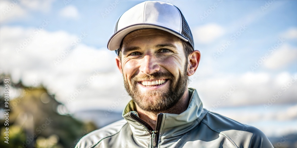 Smiling man with beard wearing cap and jacket outdoors. Smiling man with beard wearing cap and jacket outdoors.