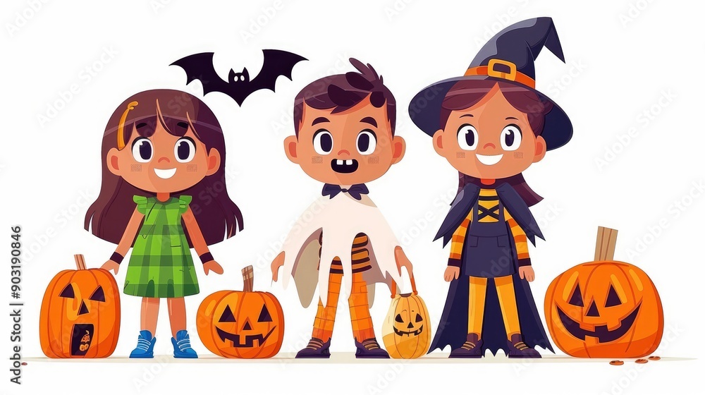 Fototapeta premium Three Kids in Halloween Costumes with Pumpkins