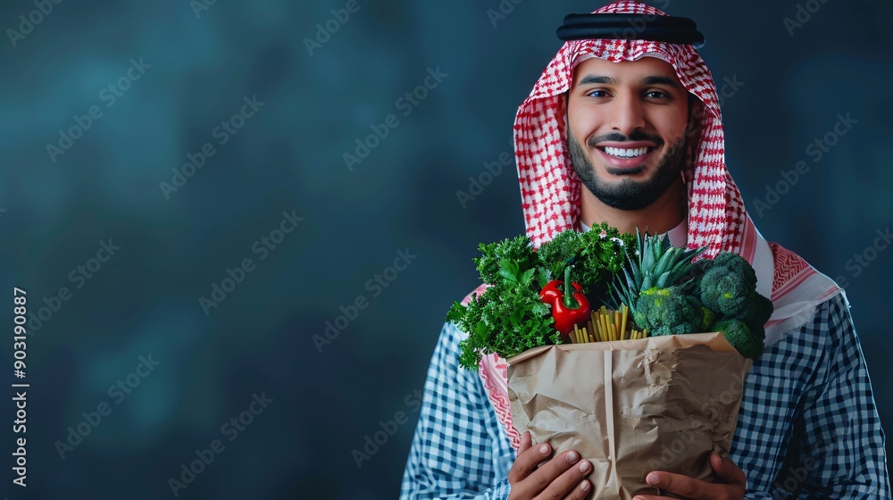 Fototapeta premium Smiling Man in Traditional Clothing Holding Groceries