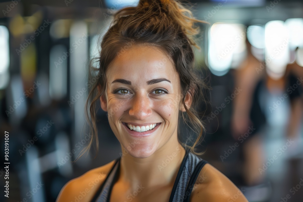 A fit muscular female personal trainer smiling at the camera in a gym, close up A fit muscular female personal trainer smiling at the camera in a gym, close up