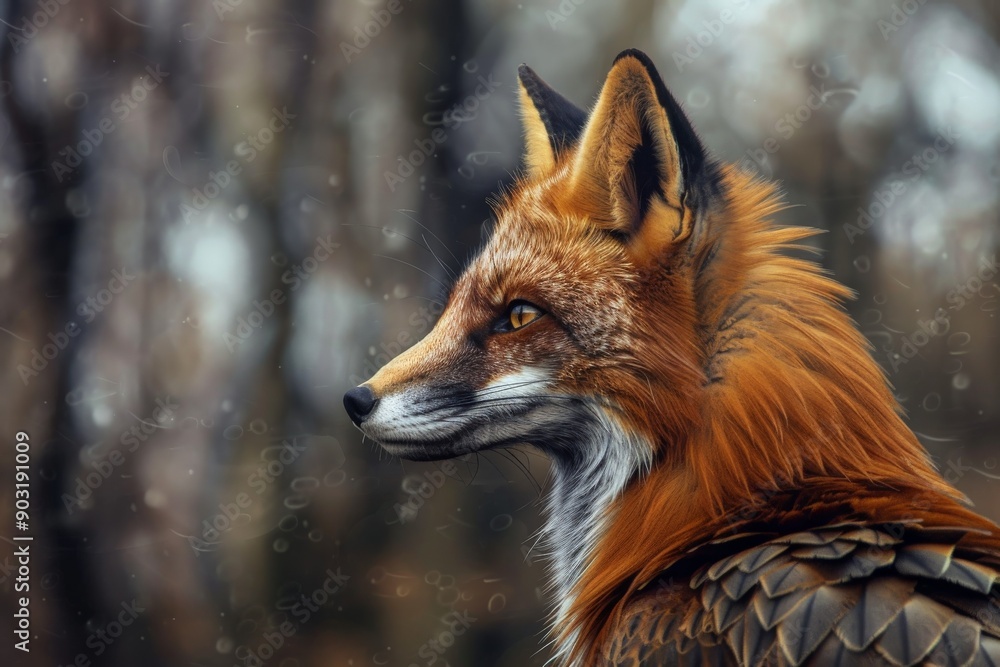 Fototapeta premium A detailed side profile of a red fox with striking wings in a misty woodland environment, combining elements of nature and fantasy art in a captivating scene.