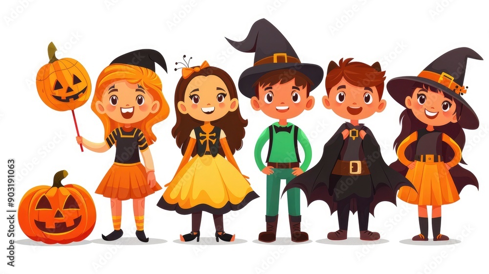 Group of Children in Halloween Costumes with Pumpkins Group of Children in Halloween Costumes with Pumpkins