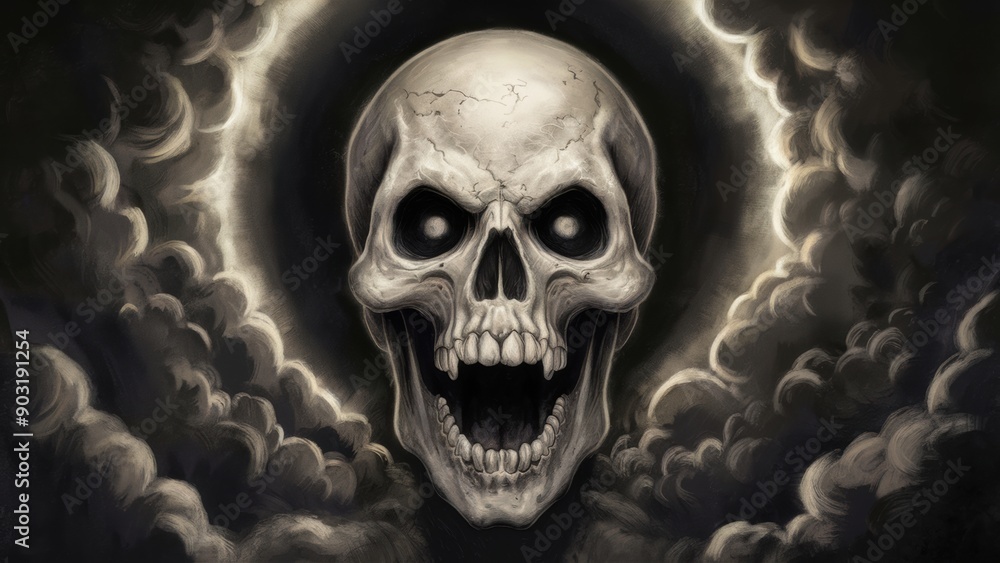 A skull with a black background and clouds in the sky, AI A skull with a black background and clouds in the sky, AI