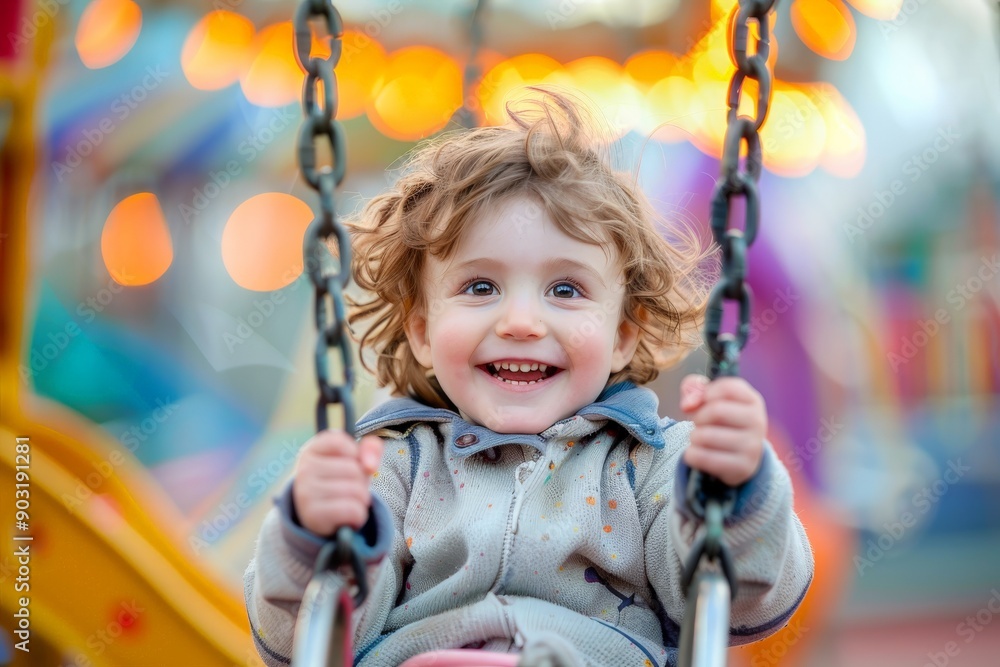 A toddler smiles brightly while enjoying a swing at an amusement park, depicting innocent joy and the carefree essence of childhood, surrounded by vibrant colors and lights.