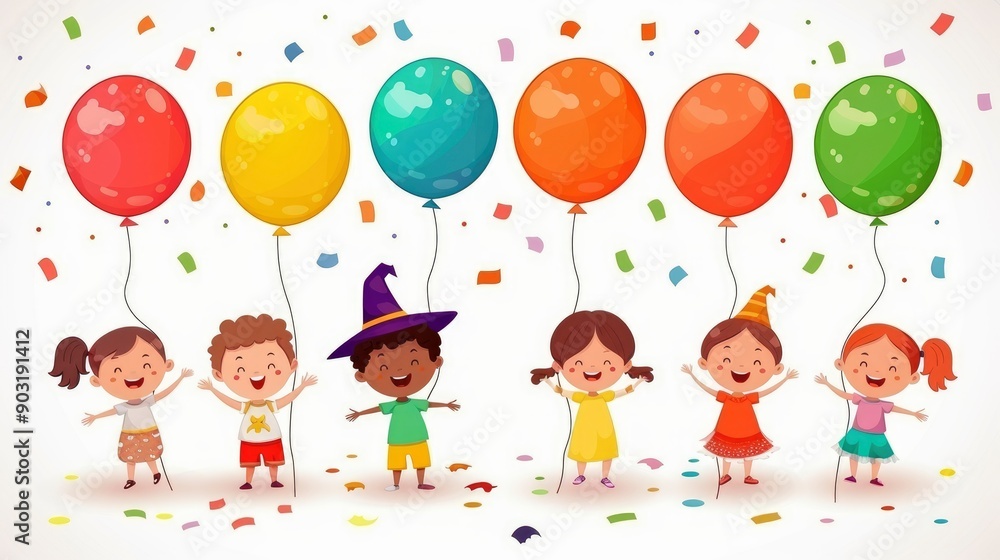 Happy Children Celebrating with Balloons and Confetti Happy Children Celebrating with Balloons and Confetti