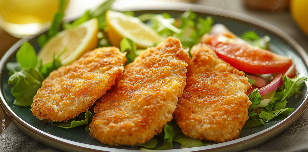 Delicious pure background food is breaded chicken cutlets with lemon and salad on a plate
Delicious pure background food is breaded chicken cutlets with lemon and salad on a plate