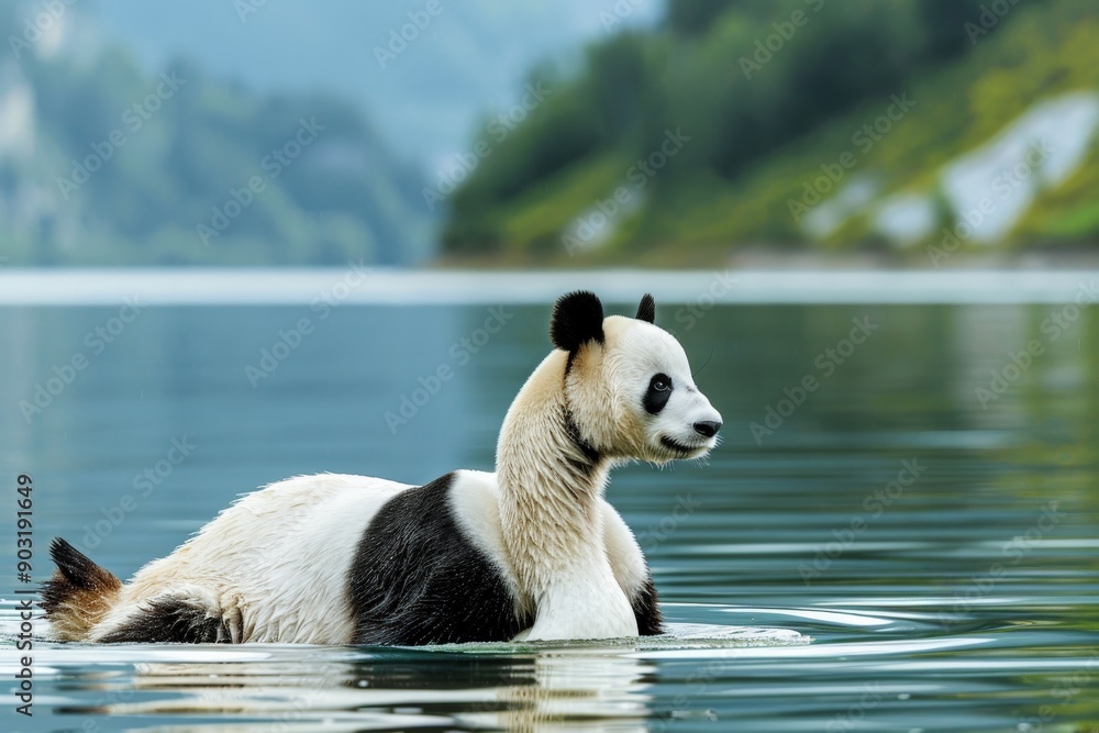 A serene and solitary scene showing a panda swimming across an expansive lake framed by distant greenery and mountains, creating a tranquil and wide-open natural setting. A serene and solitary scene showing a panda swimming across an expansive lake framed by distant greenery and mountains, creating a tranquil and wide-open natural setting.