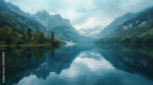 Serene alpine lake with reflections of the mountains, tranquil morning 