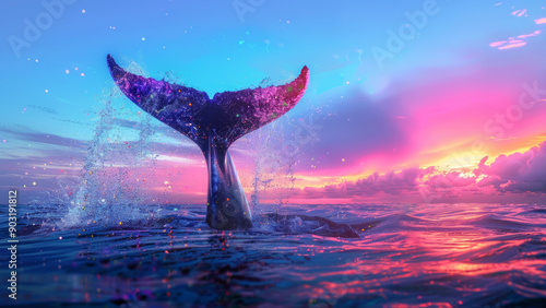 Whale Tail Emerging from Ocean at Colorful Sunset photo