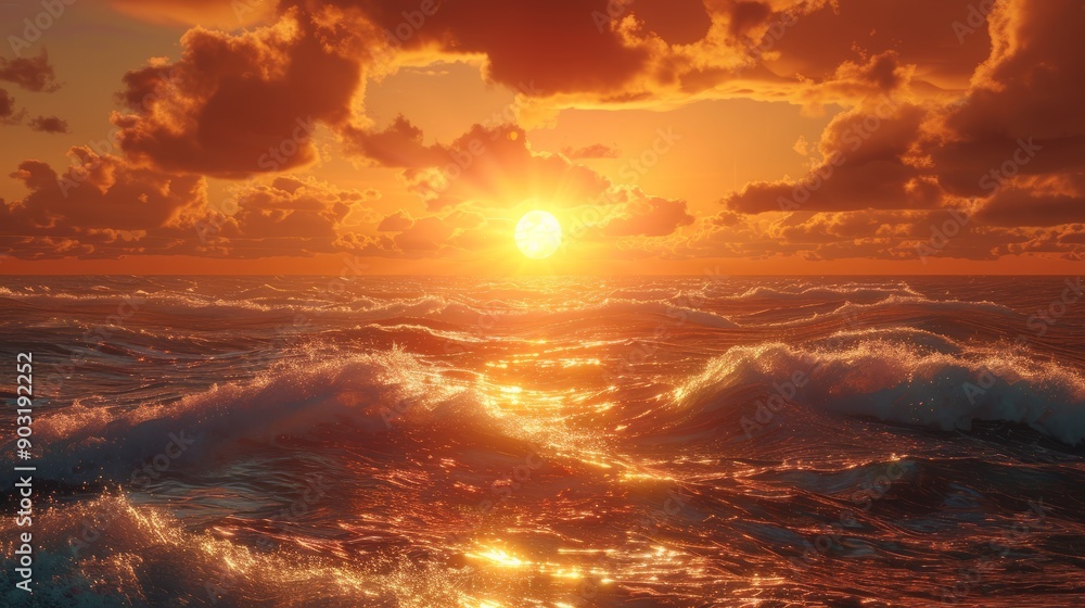 Fototapeta premium Vibrant ocean sunrise over gentle waves with dramatic cloud formation