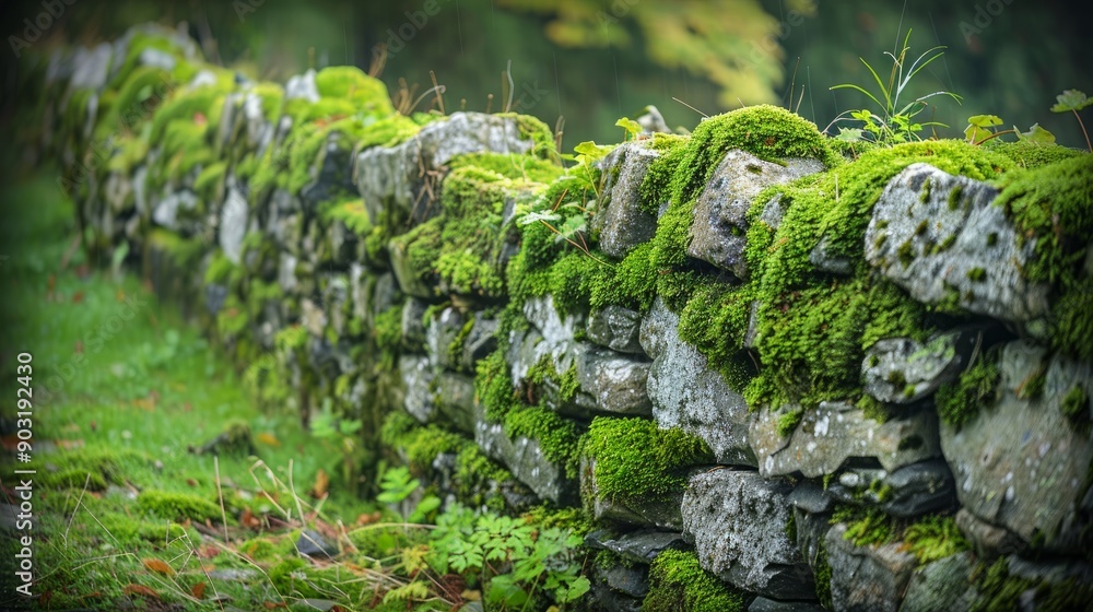 Moss covered stone wall with lush vegetation in a tranquil forest setting Moss covered stone wall with lush vegetation in a tranquil forest setting