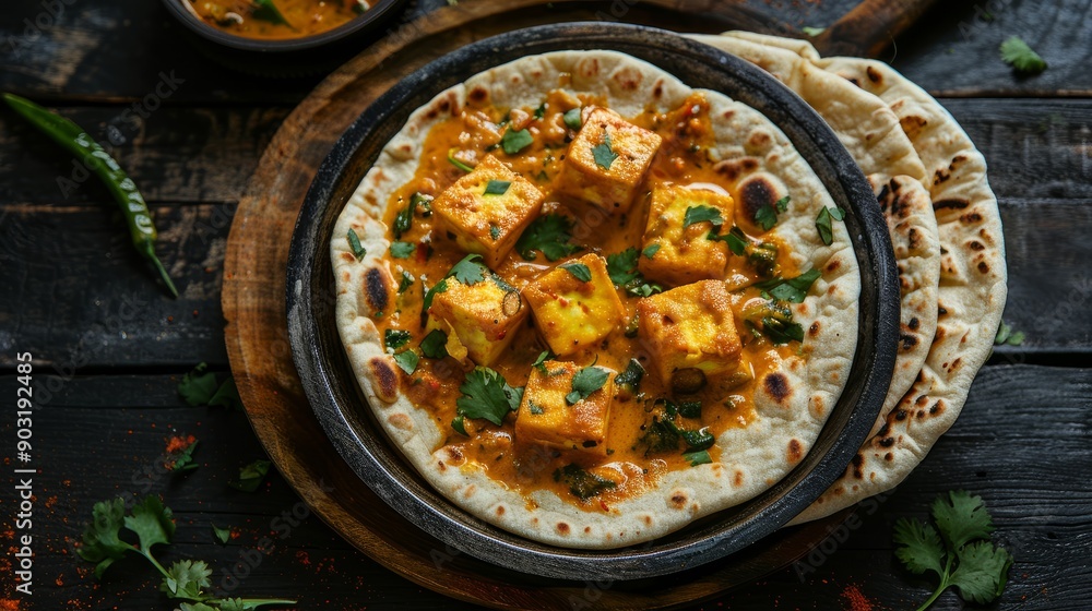 Kerala homemade wheat flatbread served with spicy paneer curry on a rustic wooden table Kerala homemade wheat flatbread served with spicy paneer curry on a rustic wooden table