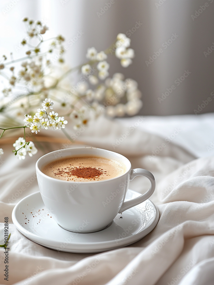Elegant white coffee cup with a warm latte, beautifully set against a backdrop of delicate flowers. Perfect for cozy and serene moments. Elegant white coffee cup with a warm latte, beautifully set against a backdrop of delicate flowers. Perfect for cozy and serene moments.