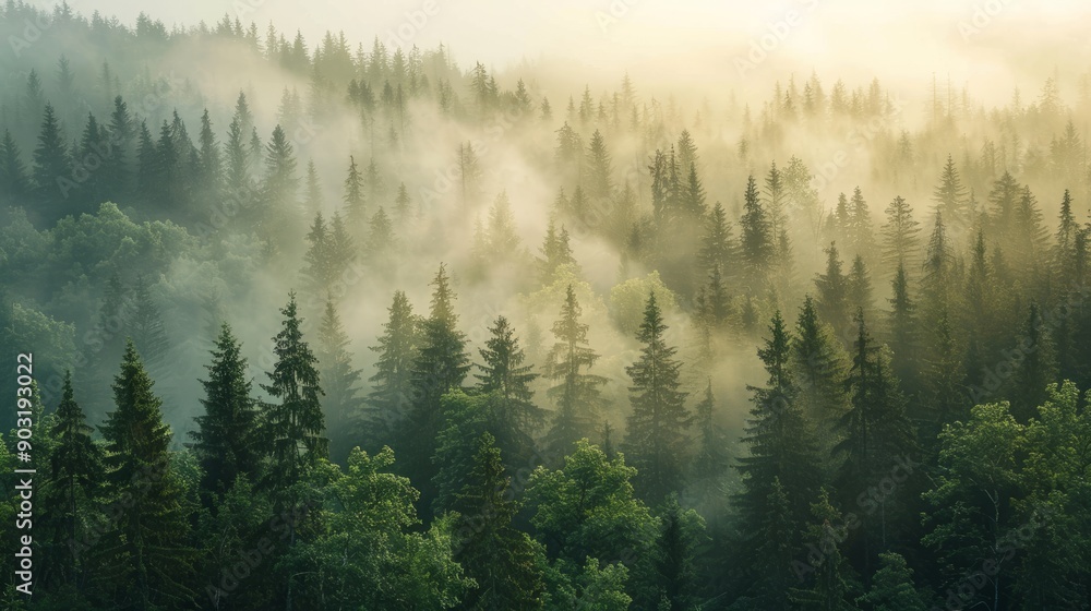 Hazy daytime view of lush forest surrounded by misty skies Hazy daytime view of lush forest surrounded by misty skies