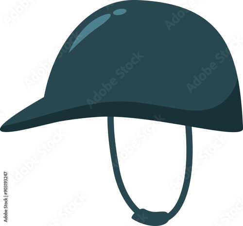 Dark blue riding helmet with chin strap fastening, protecting the head of a rider during equestrian competition
