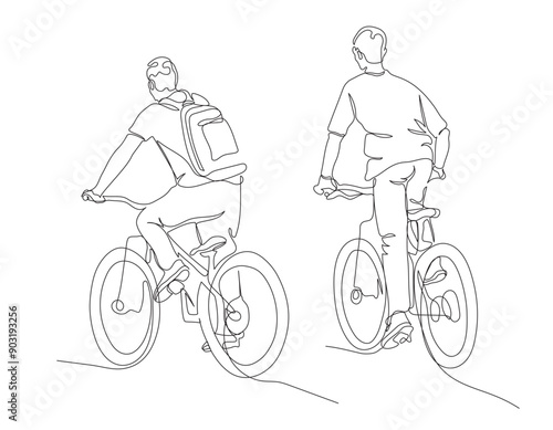 2 young men riding bicycles. Back view. Continuous line drawing. Black and white vector illustration in line art style.