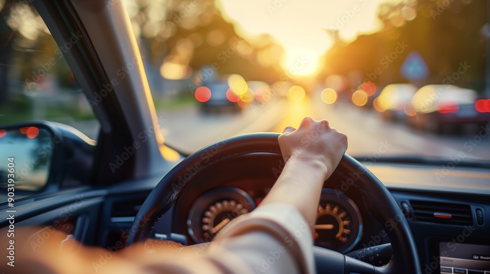 Woman Hand Holding a Steering Wheel with Blurred Road Ahead Woman Hand Holding a Steering Wheel with Blurred Road Ahead