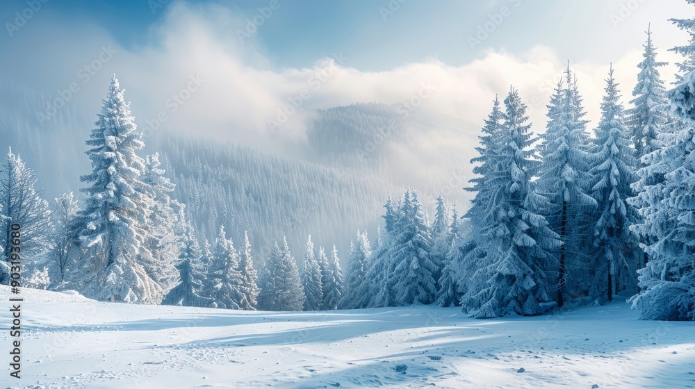 Fototapeta premium Snow-covered woodland in winter morning light with space for text