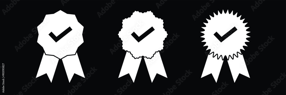 Badge icon. Approved or certified badge medal icon set. Approval check mark and thumb up on medal. Containing quality, brand, stamp, inspector checking, award, reward, winner, prize. Eps 10. Badge icon. Approved or certified badge medal icon set. Approval check mark and thumb up on medal. Containing quality, brand, stamp, inspector checking, award, reward, winner, prize. Eps 10.