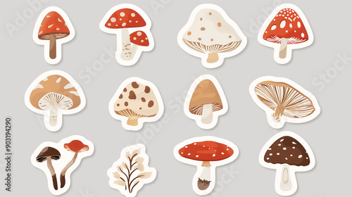 Colorful Stickers Featuring Various Types of Realistic Mushrooms on a Neutral Background