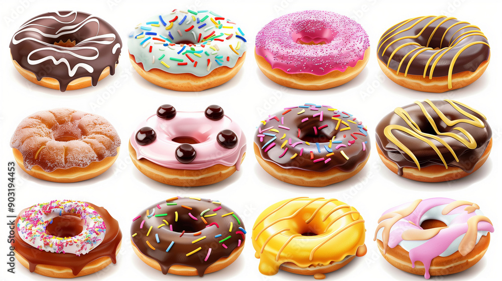 An Array of Colorful, Delicious Donuts on a White Background Displayed Artfully An Array of Colorful, Delicious Donuts on a White Background Displayed Artfully