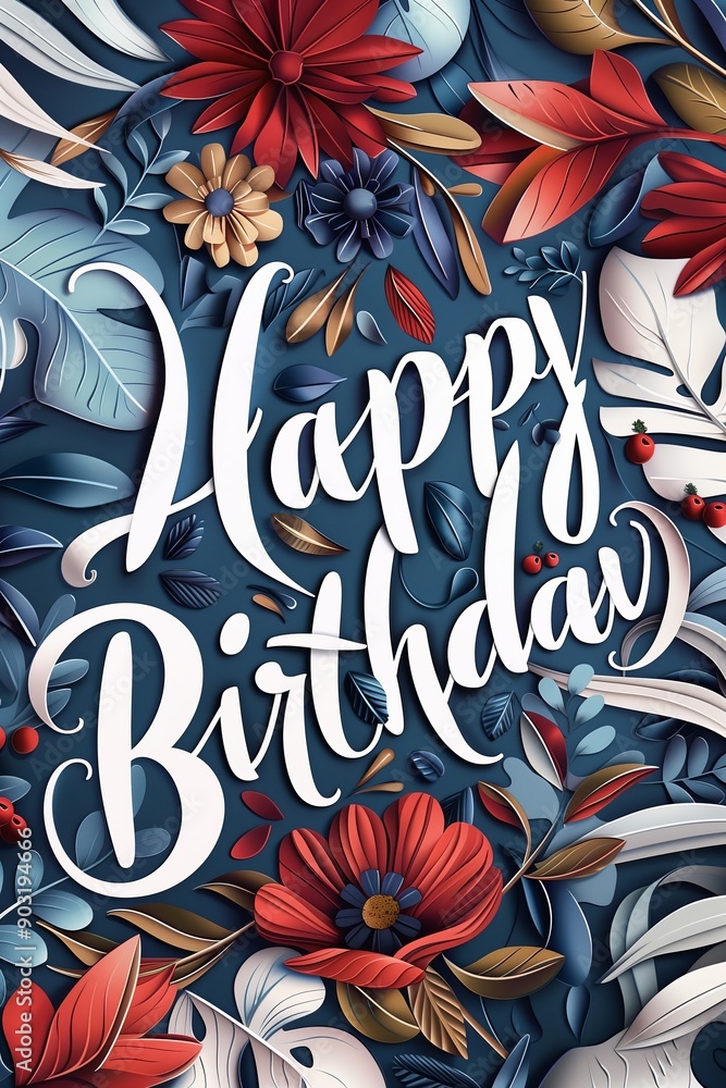 Happy Birthday Text With Intricate Floral And Foliage Designs In Vibrant Colors. Happy Birthday Text With Intricate Floral And Foliage Designs In Vibrant Colors.