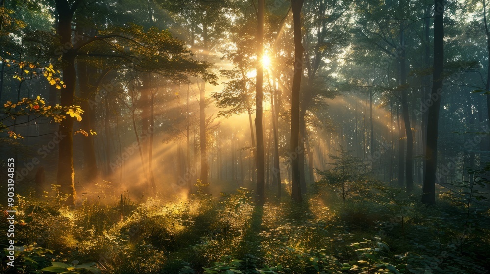 Obraz premium Morning light filtering through trees in a serene forest