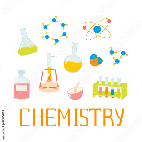 Arrangement design with chemistry lessons illustrations and lettering. School laboratory and science elements, test tubes, bunsen burner, microscope, molecules, atoms