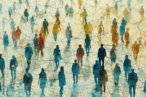 This graphic showcases a large assembly of simple people shapes connected by lines, visually representing the complex web of relationships and connections within a social network.