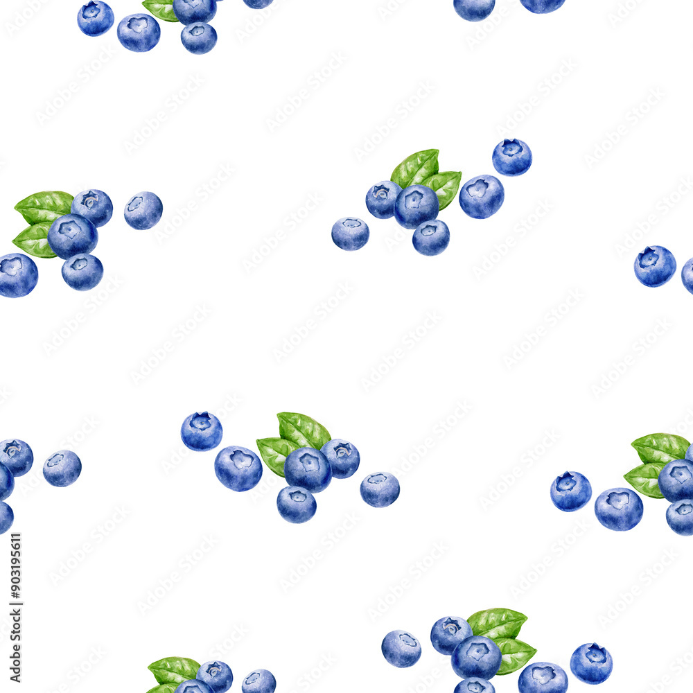 Blueberry clusters and leaves watercolor pattern on white background, ideal for art and design projects Blueberry clusters and leaves watercolor pattern on white background, ideal for art and design projects