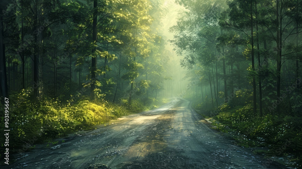 Naklejka premium Tranquil forest road illuminated by morning light